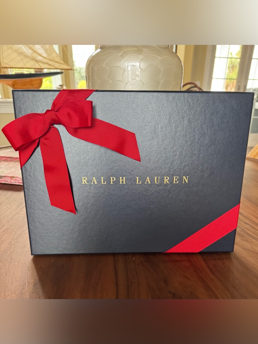 Ralph Lauren Navy Gift Box with Red Bow and Gold Logo